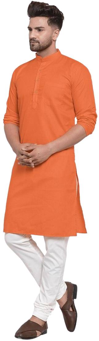 Orange solid cotton blend straight kurta for men