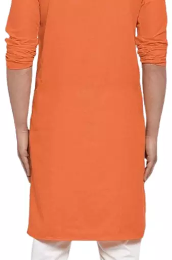 Orange solid cotton blend straight kurta for men