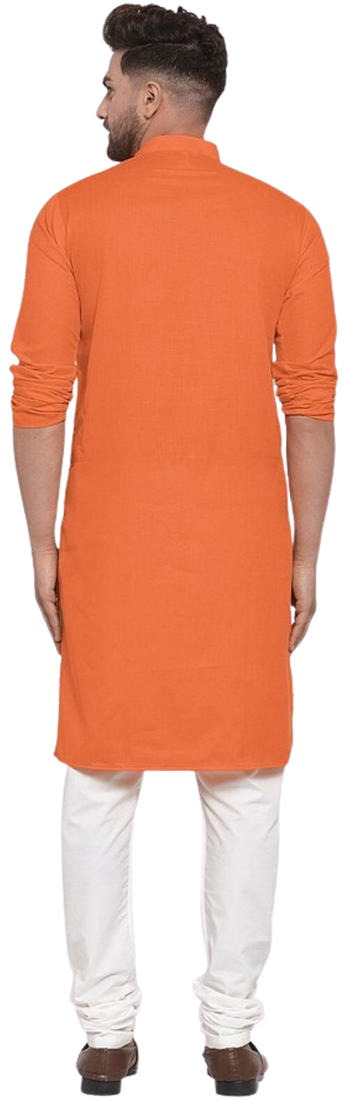 Orange solid cotton blend straight kurta for men