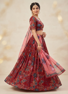 Red Taby Silk Embroidered & Printed Lehenga Set 2