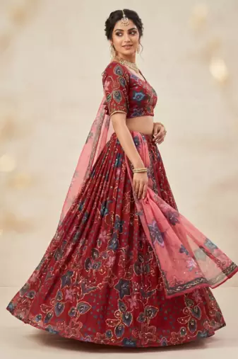 Red Taby Silk Embroidered & Printed Lehenga Set