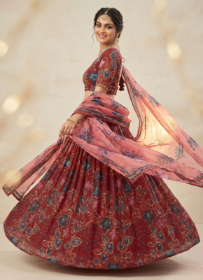 Red Taby Silk Embroidered & Printed Lehenga Set 1