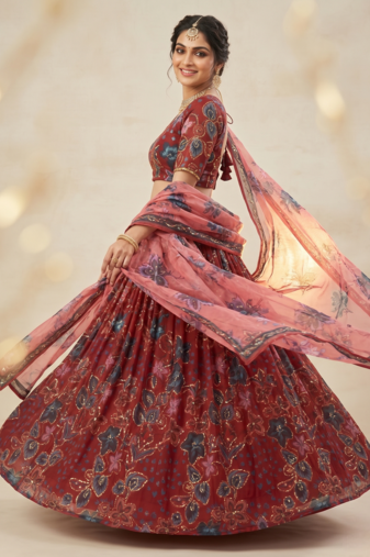 Red Taby Silk Embroidered & Printed Lehenga Set