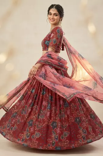 Red Taby Silk Embroidered & Printed Lehenga Set