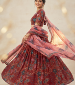 Red Taby Silk Embroidered & Printed Lehenga Set