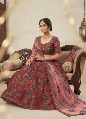Red Taby Silk Embroidered & Printed Lehenga Set 3