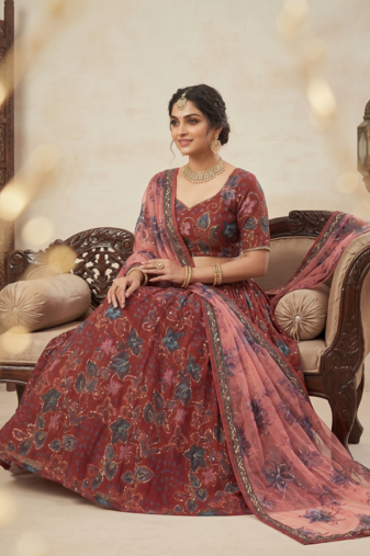 Red Taby Silk Embroidered & Printed Lehenga Set