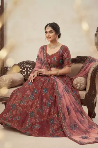 Red Taby Silk Embroidered & Printed Lehenga Set