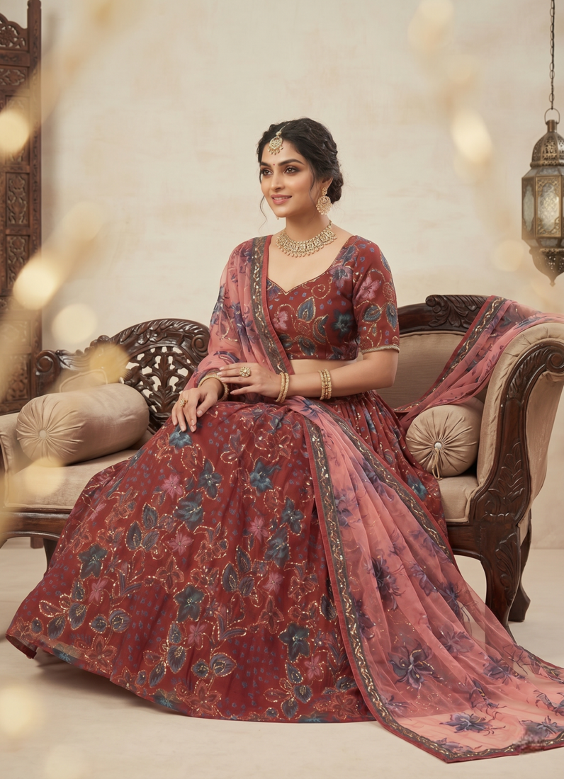 Red Taby Silk Embroidered & Printed Lehenga Set