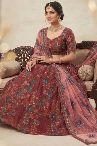 Red Taby Silk Embroidered & Printed Lehenga Set