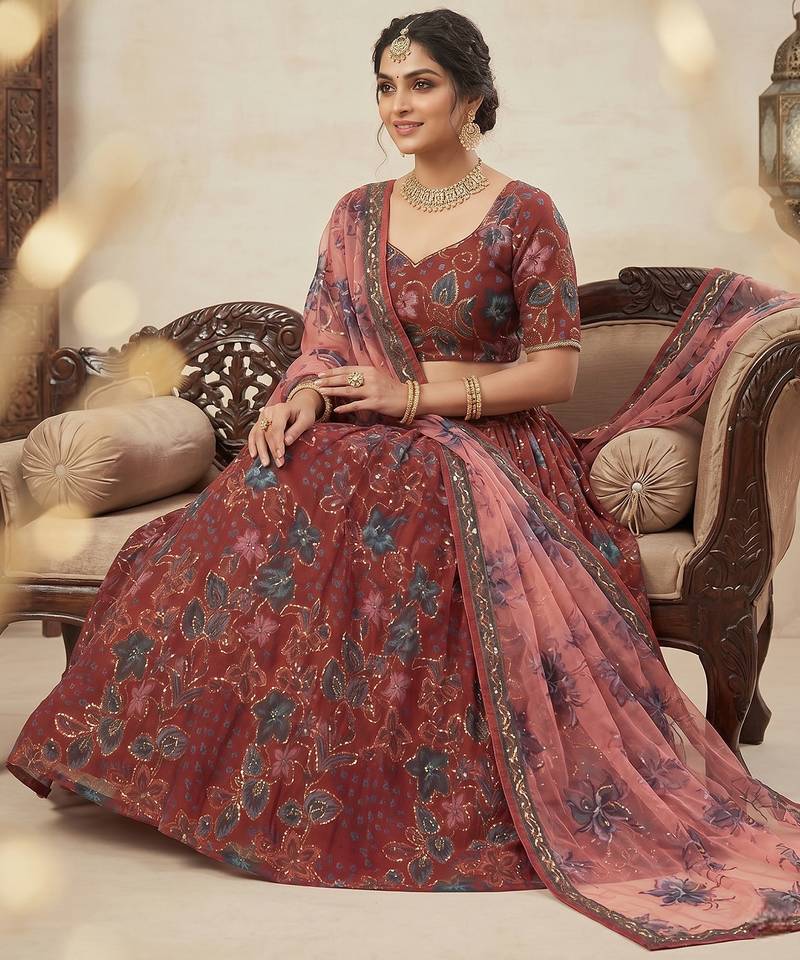 Red Taby Silk Embroidered & Printed Lehenga Set