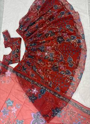 Red Taby Silk Embroidered & Printed Lehenga Set 4