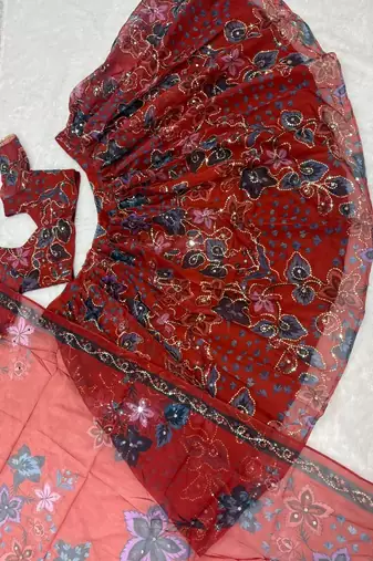 Red Taby Silk Embroidered & Printed Lehenga Set