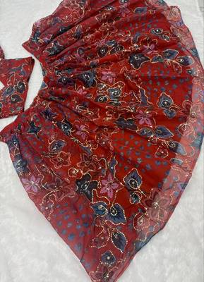 Red Taby Silk Embroidered & Printed Lehenga Set 5