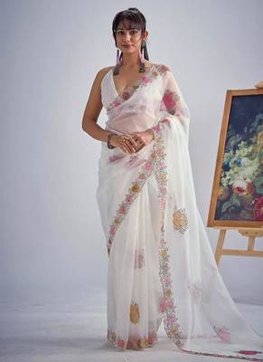 White soft oregenza tissue handwork zircon border saree 1