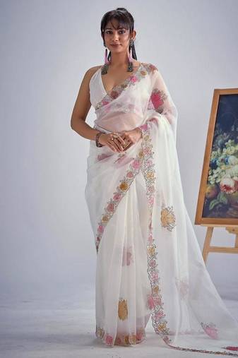 White color soft oregenza tissue handwork zircon border saree