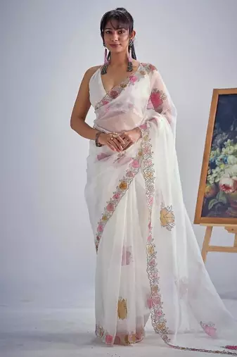 White color soft oregenza tissue handwork zircon border saree