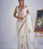 White color soft oregenza tissue handwork zircon border saree