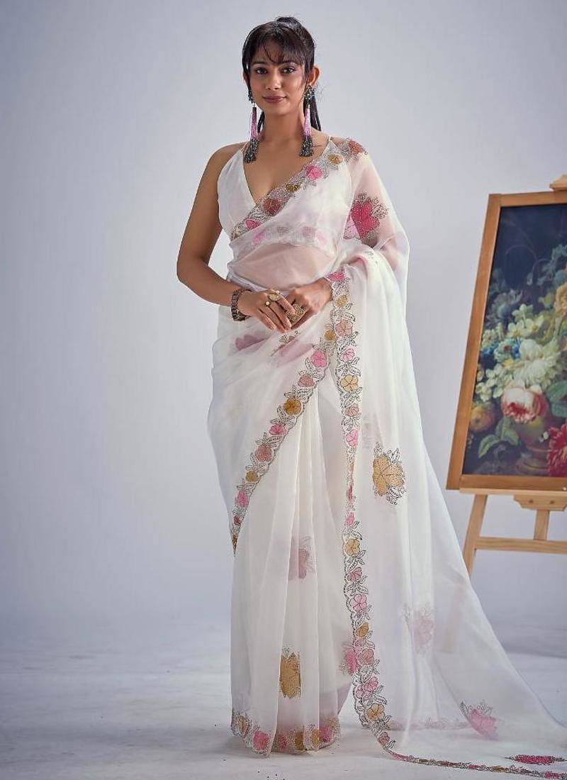 White color soft oregenza tissue handwork zircon border saree