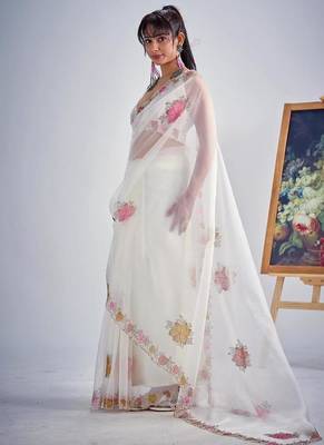 White soft oregenza tissue handwork zircon border saree 2
