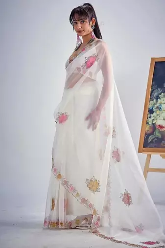 White soft oregenza tissue handwork zircon border saree