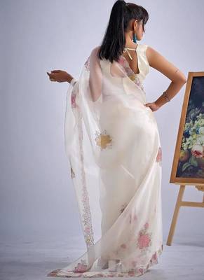 White soft oregenza tissue handwork zircon border saree 3