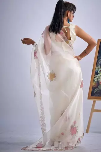White soft oregenza tissue handwork zircon border saree