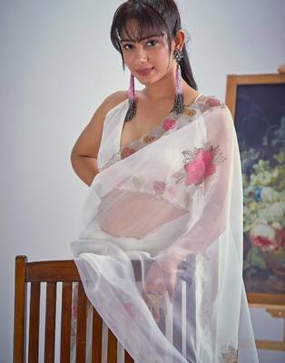 White soft oregenza tissue handwork zircon border saree 4