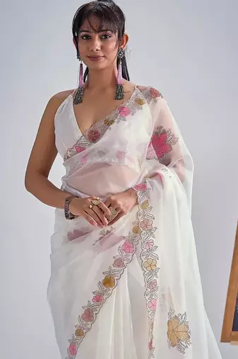 White soft oregenza tissue handwork zircon border saree