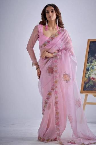 Levender color soft oregenza tissue handwork zircon border saree