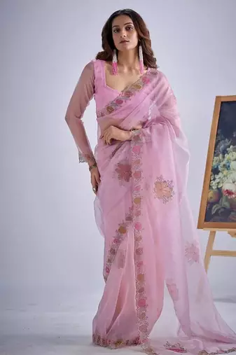 Levender color soft oregenza tissue handwork zircon border saree