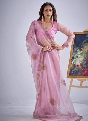 Levender color soft oregenza tissue handwork zircon border saree 2