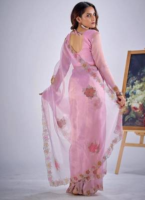 Levender color soft oregenza tissue handwork zircon border saree 3