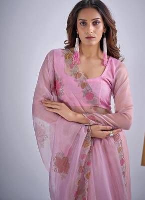 Levender color soft oregenza tissue handwork zircon border saree 5