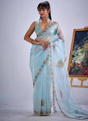 Sky color soft oregenza tissue handwork zircon border saree 1