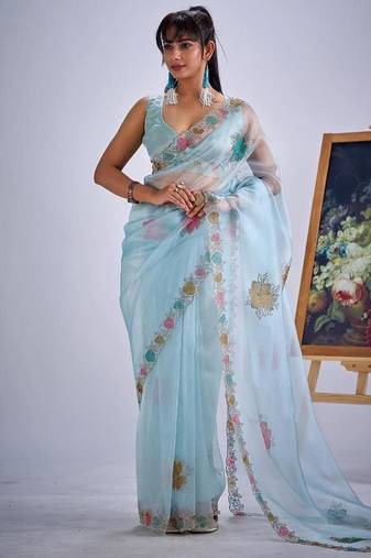 Sky color soft oregenza tissue handwork zircon border saree