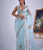 Sky color soft oregenza tissue handwork zircon border saree