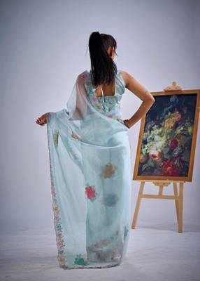 Sky color soft oregenza tissue handwork zircon border saree 3