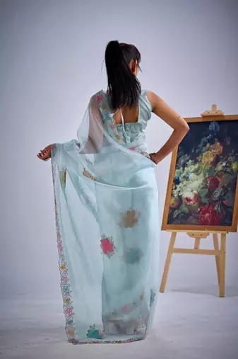 Sky color soft oregenza tissue handwork zircon border saree
