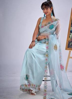Sky color soft oregenza tissue handwork zircon border saree 4