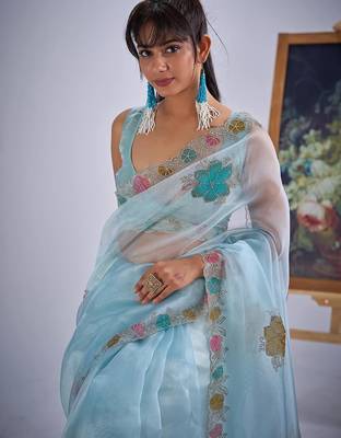 Sky color soft oregenza tissue handwork zircon border saree 5