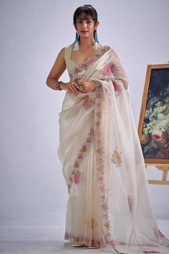 Chiku color soft oregenza tissue handwork zircon border saree