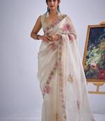 Chiku color soft oregenza tissue handwork zircon border saree