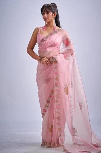 Pink color soft oregenza tissue handwork zircon border saree