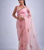 Pink color soft oregenza tissue handwork zircon border saree