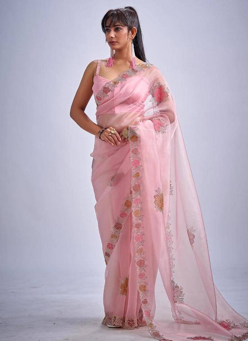 Pink color soft oregenza tissue handwork zircon border saree