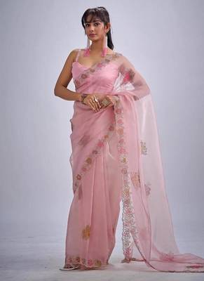 Pink color soft oregenza tissue handwork zircon border saree 2