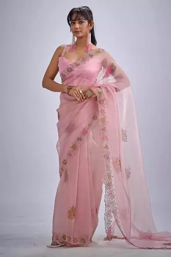 Pink color soft oregenza tissue handwork zircon border saree