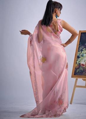 Pink color soft oregenza tissue handwork zircon border saree 3