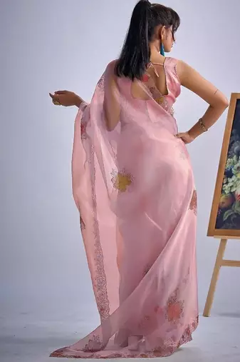 Pink color soft oregenza tissue handwork zircon border saree